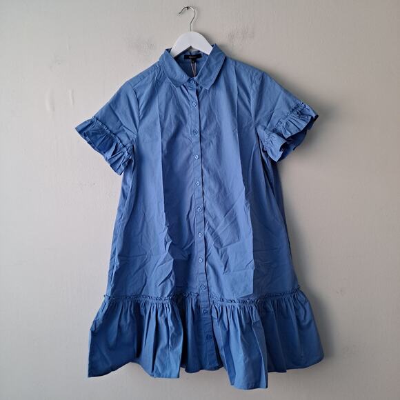 NWT Quince Organic Cotton Poplin Short Sleeve Ruffle Shirt Dress Blue Womens S - Picture 4 of 13